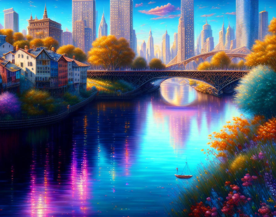 Fantastical cityscape with river, sailboat, bridge, skyscrapers, and colorful flowers