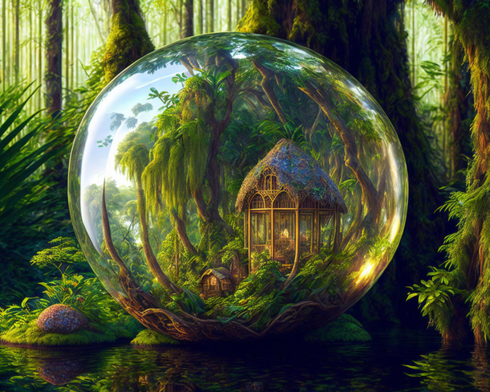 Fantasy forest landscape with ethereal bubble and serene sunlight