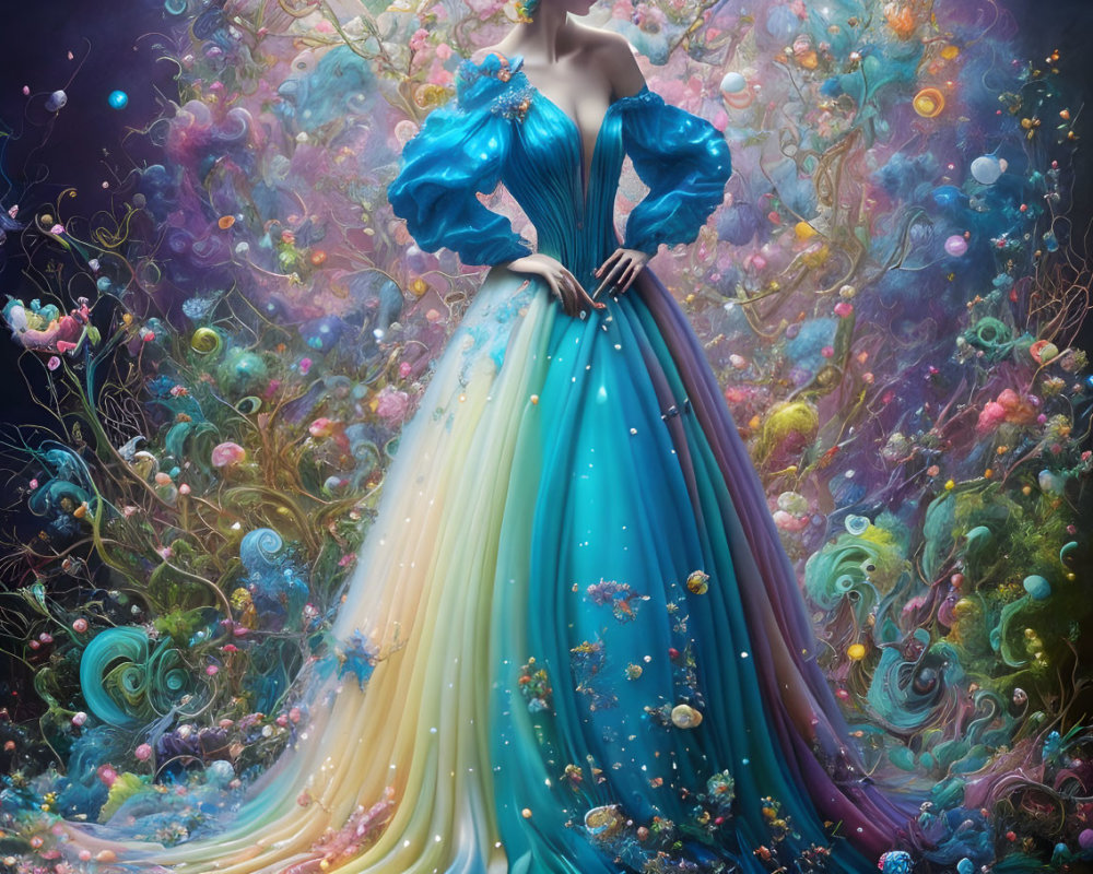 Colorful artwork of a woman in flowing gown surrounded by whimsical flowers and orbs