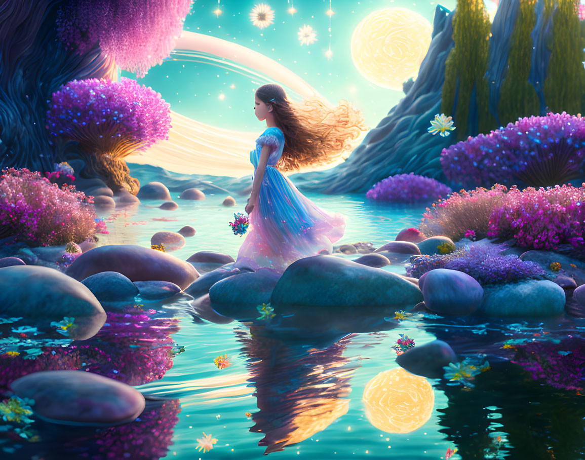 Woman in flowing dress walks in vibrant fantasy landscape