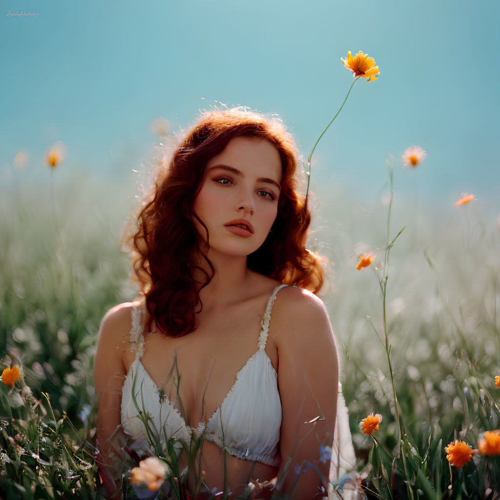 Red-haired woman in white dress holding yellow flower in field scenery
