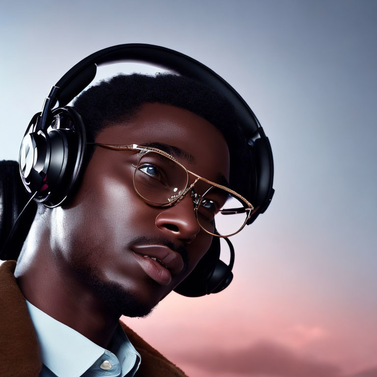 Young Man with Headphones and Glasses in Dusk Setting