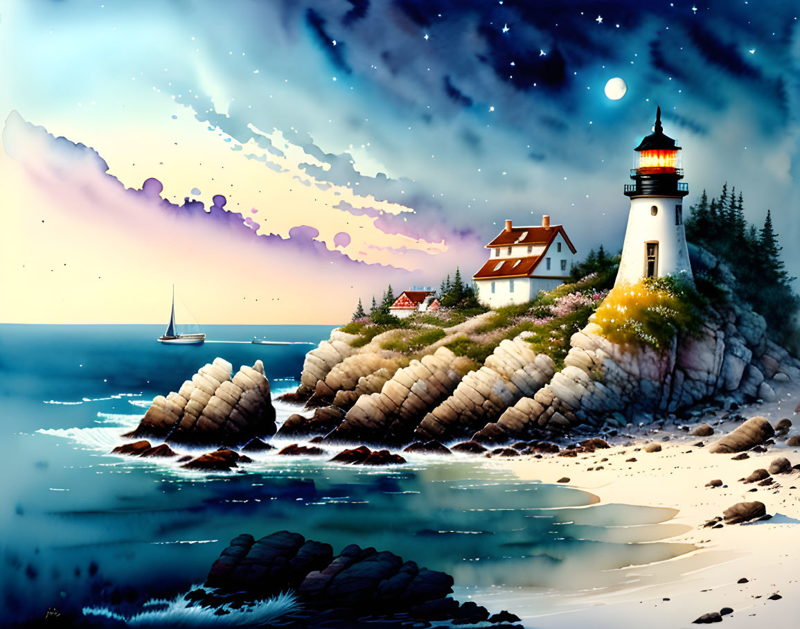 Lighthouse on rocky seaside with sailboat under starry sky