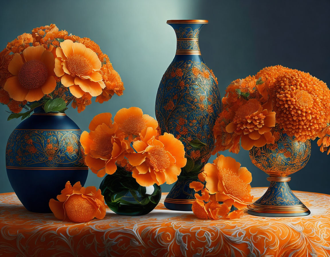 Orange Flowers in Blue Vases on Matching Surface and Backdrop
