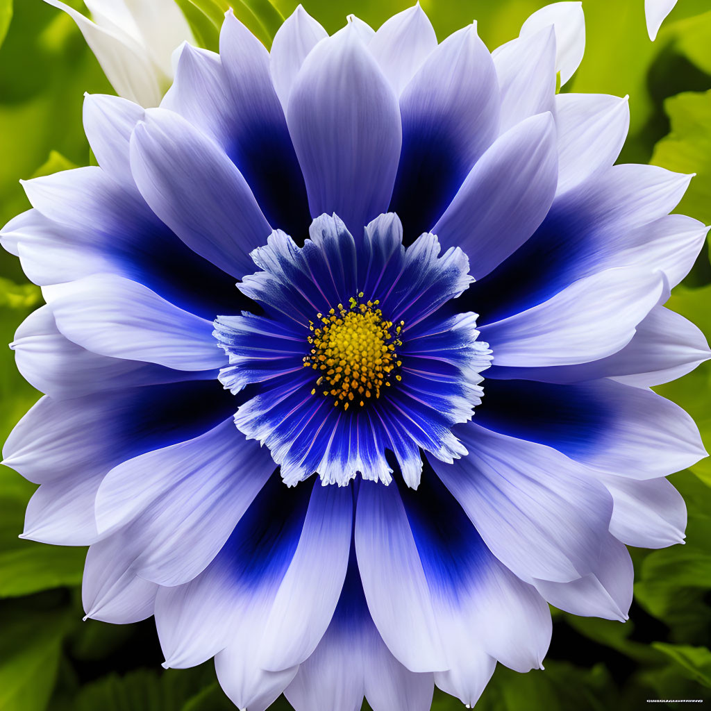 Symmetrical blue and white flower with yellow center on green background