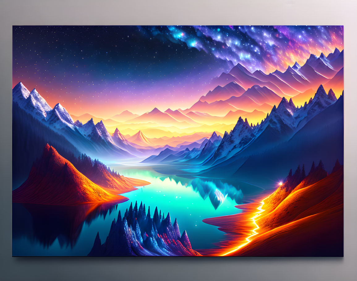 Digital artwork: Mountain landscape at night with starry sky, nebula, lake, and illuminated paths