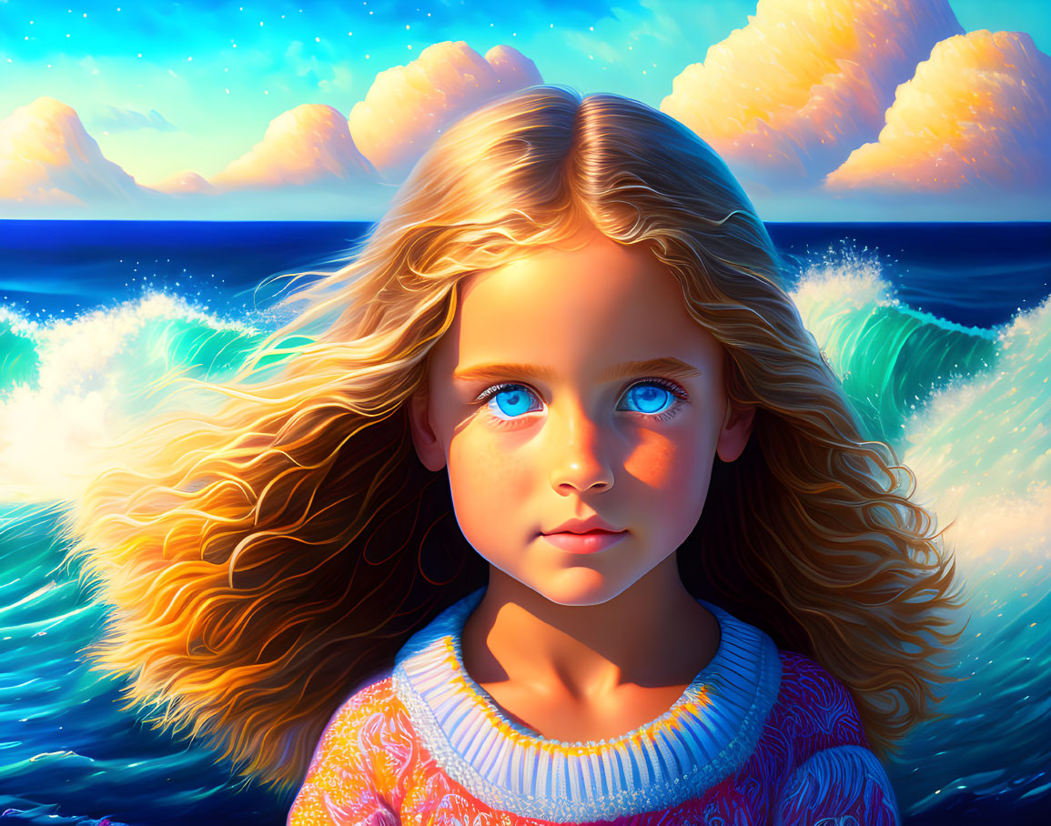Vibrant digital portrait of young girl with blue eyes and blonde hair against ocean backdrop