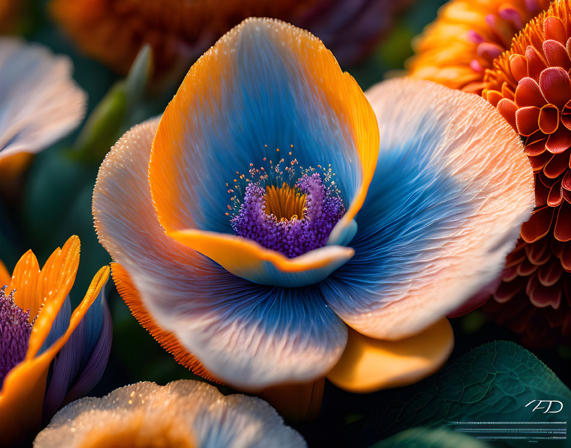 Colorful Close-Up: Orange and Blue Flower with Purple Stamens