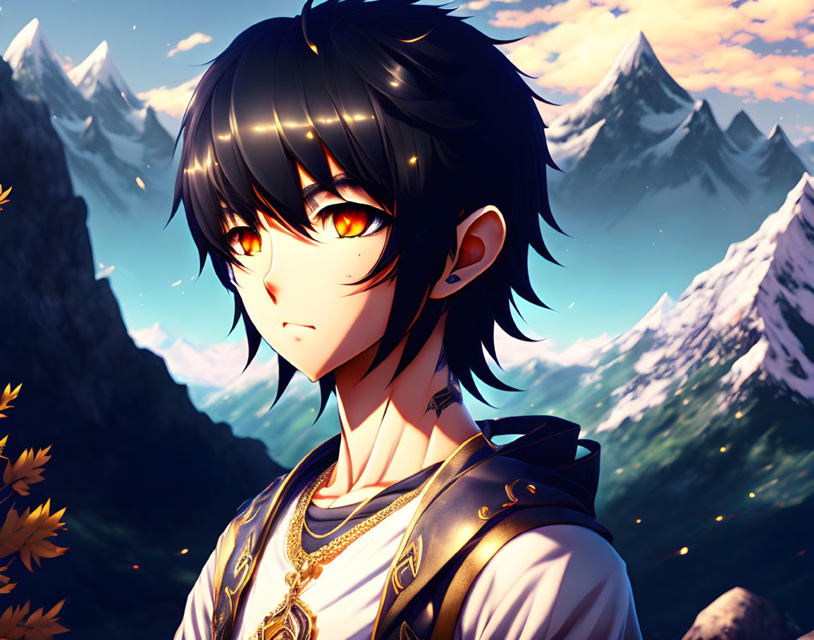 Illustrated character with black hair and golden eyes in regal attire against mountain sunset.