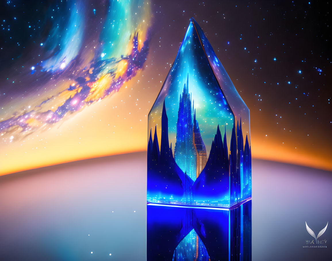 Detailed Crystal Prism Cityscape Reflection with Galaxies and Sunset