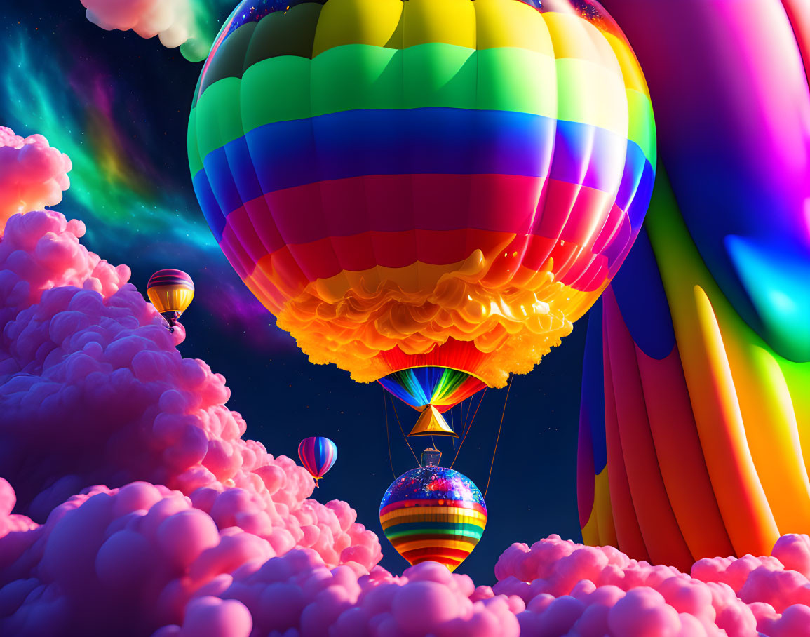 Colorful hot air balloons flying under vibrant sky with fluffy clouds.