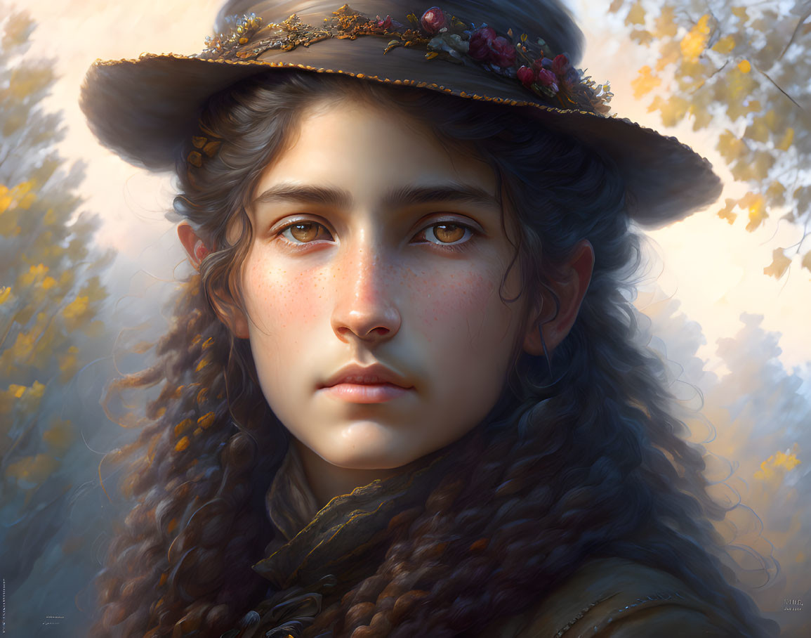 Young woman with curly hair wearing berry-decorated hat in autumnal portrait