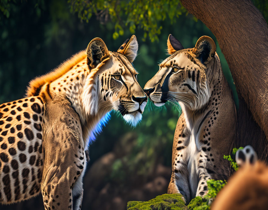 Two cheetahs close-up in lush green setting