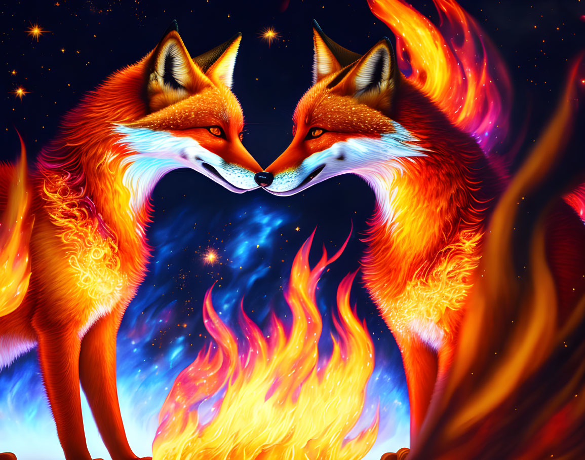 Vibrant fiery foxes touching noses in cosmic backdrop