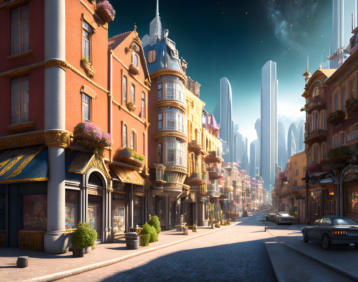 Sunlit futuristic city street with classical architecture and modern skyscrapers.