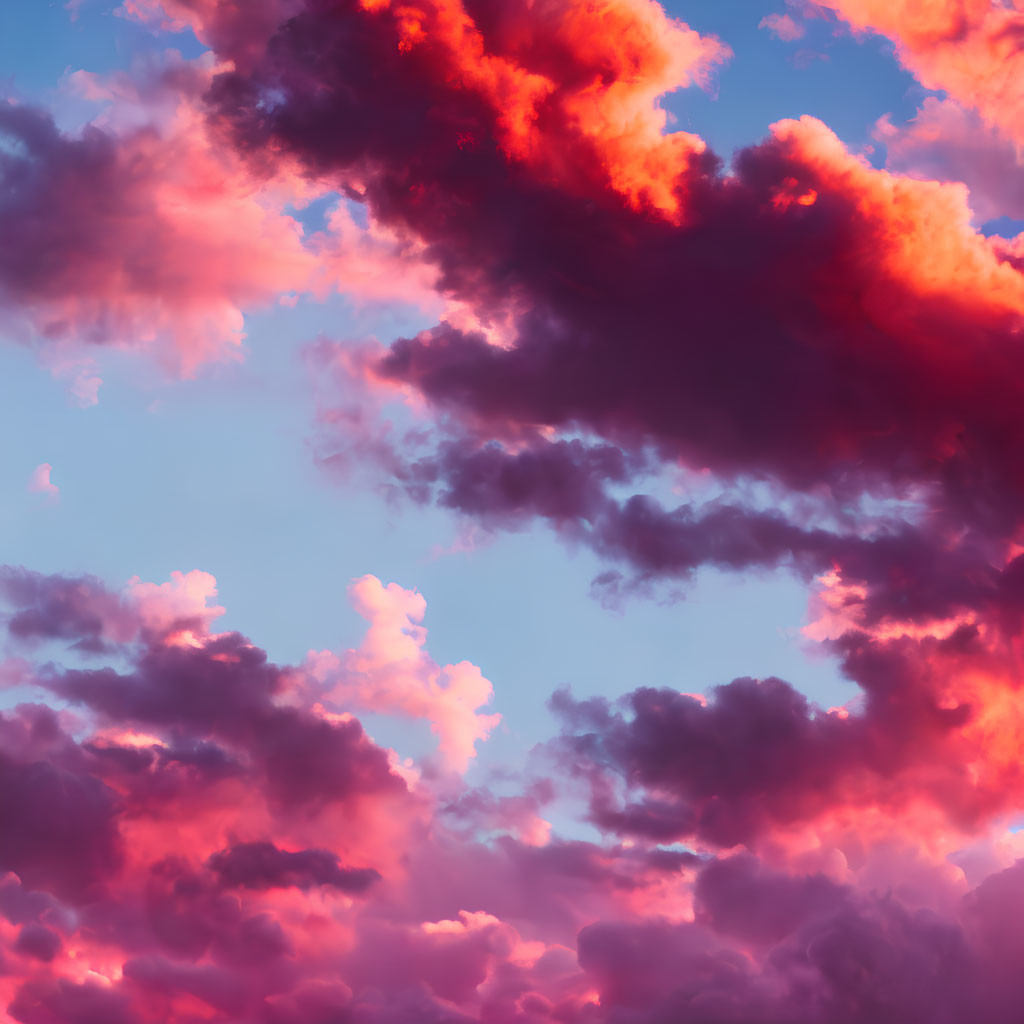 Dramatic pink and orange hues in dark clouds at sunset or sunrise