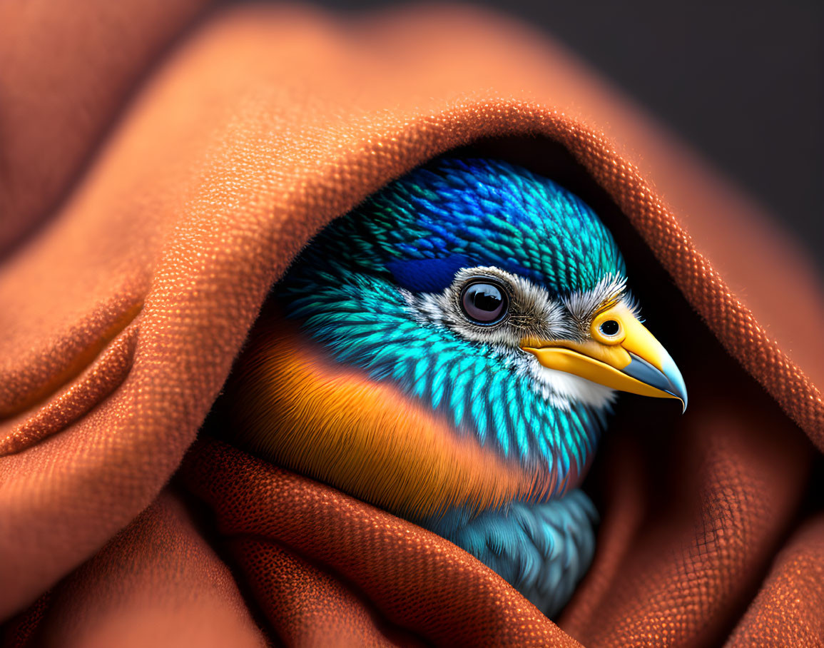 Vibrant Blue and Orange Bird Among Orange Fabric