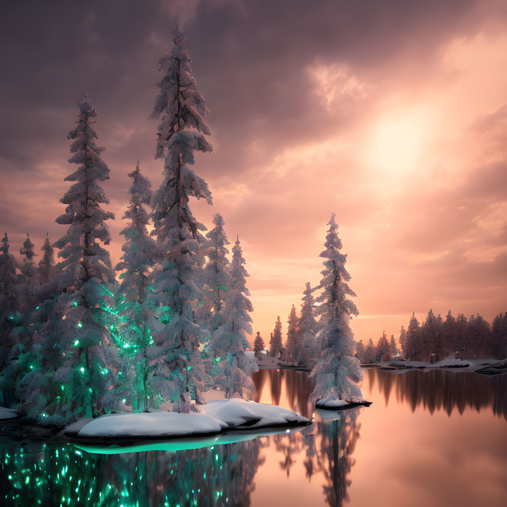 Tranquil winter scene: snow-covered fir trees by lake at dusk