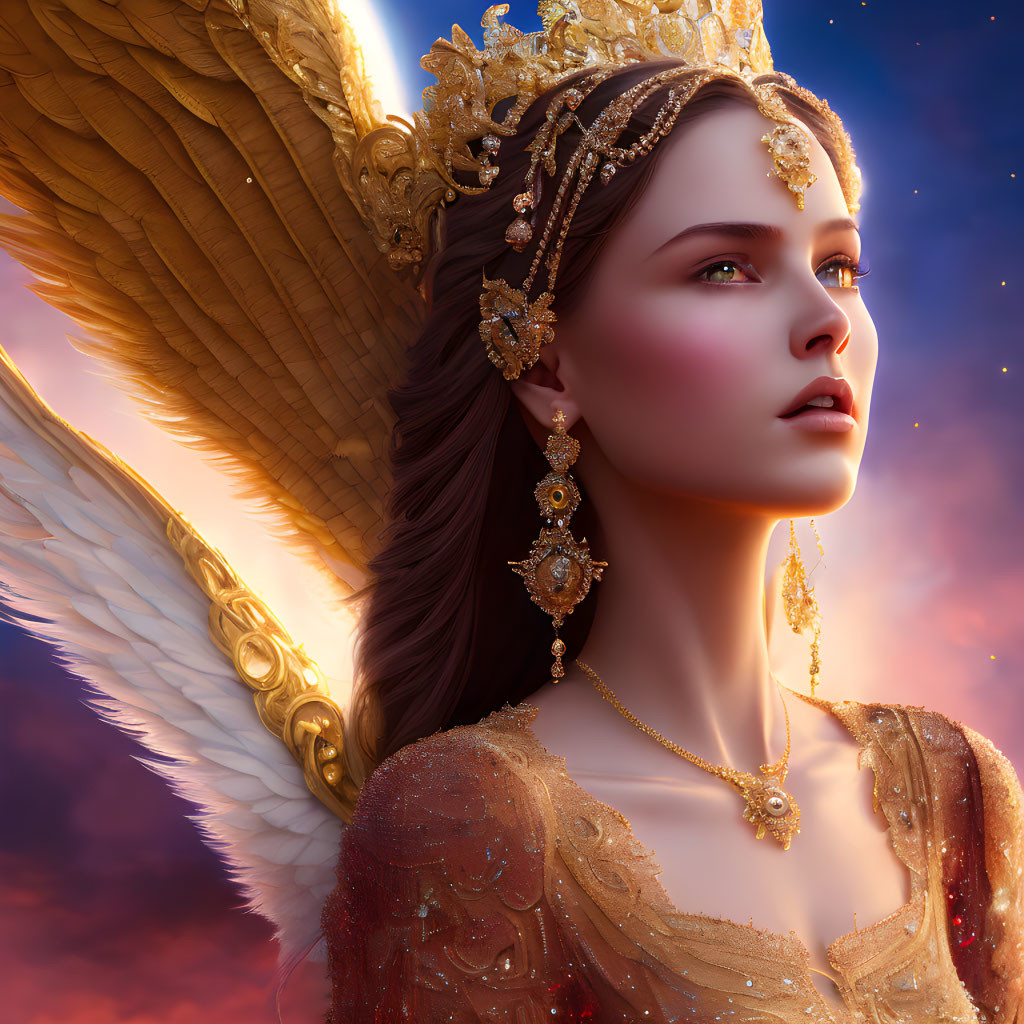 Digital artwork of angelic figure with white wings in ornate attire against twilight sky