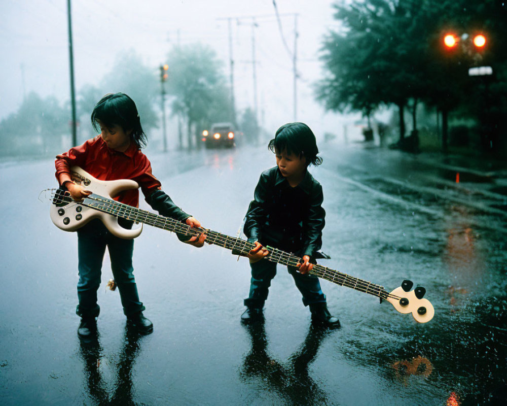 Two children with guitars in the rain on a wet street with traffic lights and car headlights.