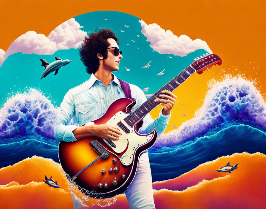 Curly Haired Man Playing Guitar in Vibrant Ocean Scene