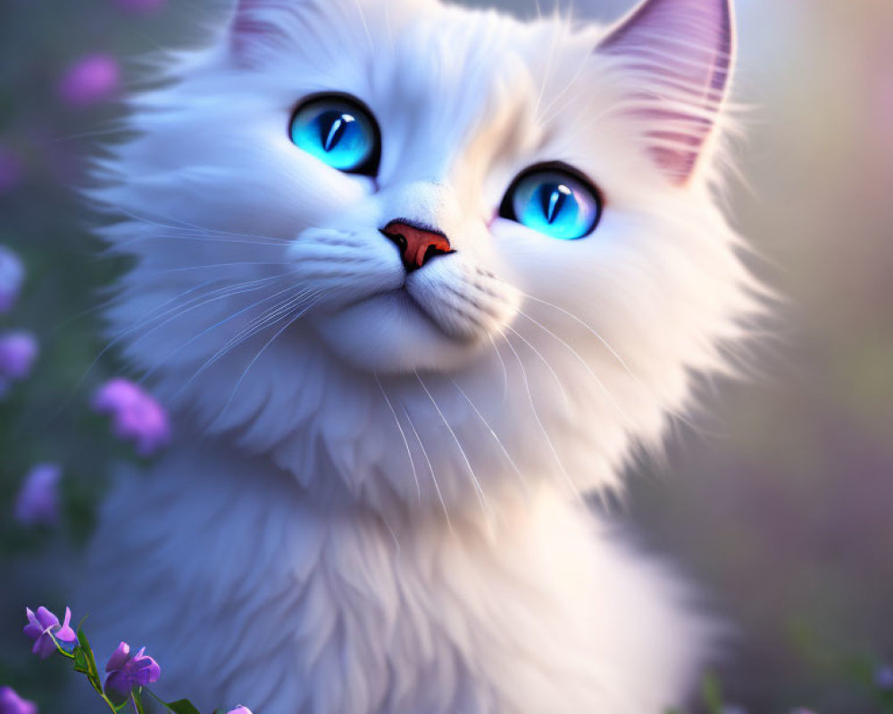 Fluffy white cat with blue eyes in purple flowers and soft-focus background