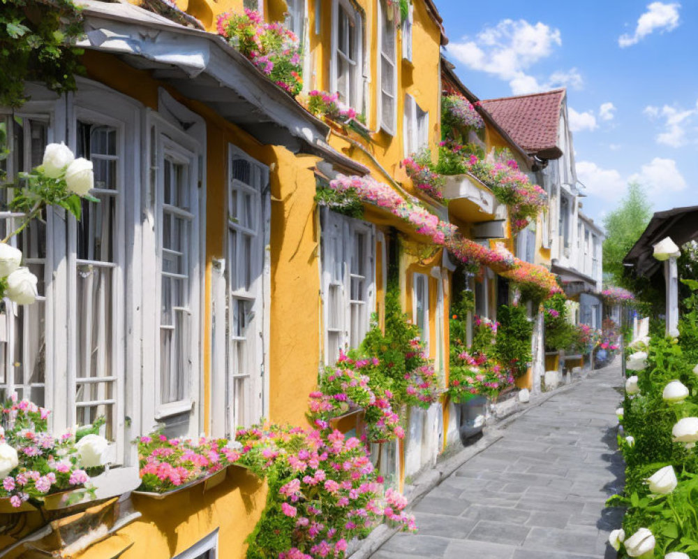 Picturesque cobblestone street lined with yellow houses and flower boxes under a sunny sky