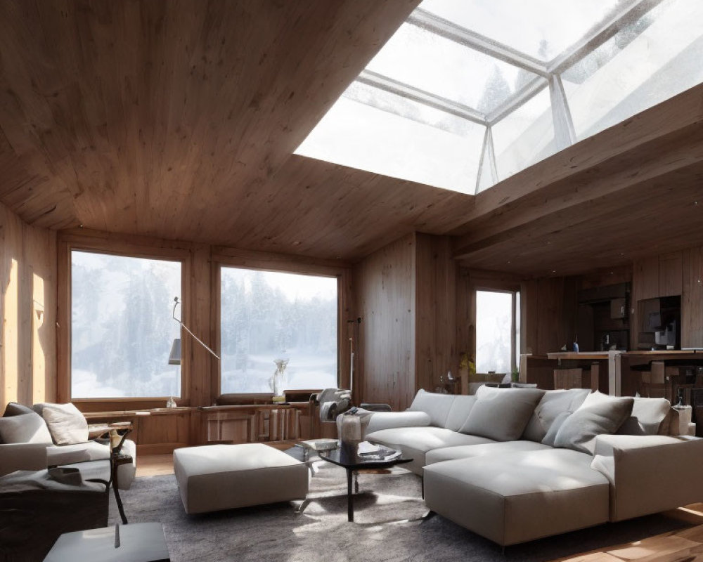 Modern living room with large windows, snowy view, white sofas, wooden interior