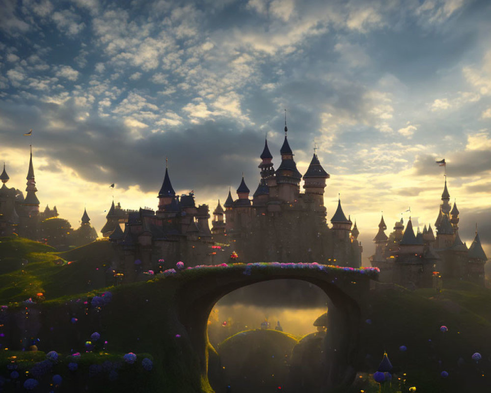 Majestic castle on lush hills with spires at sunset and stone bridge