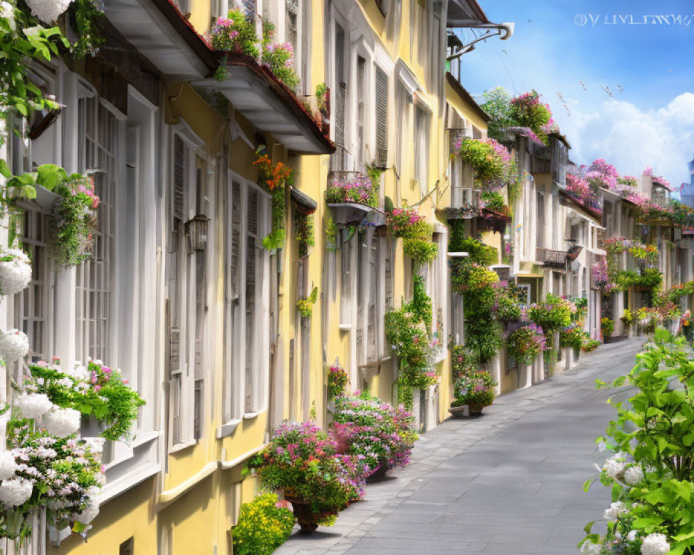 Picturesque cobblestone street with two-story buildings and floral displays.