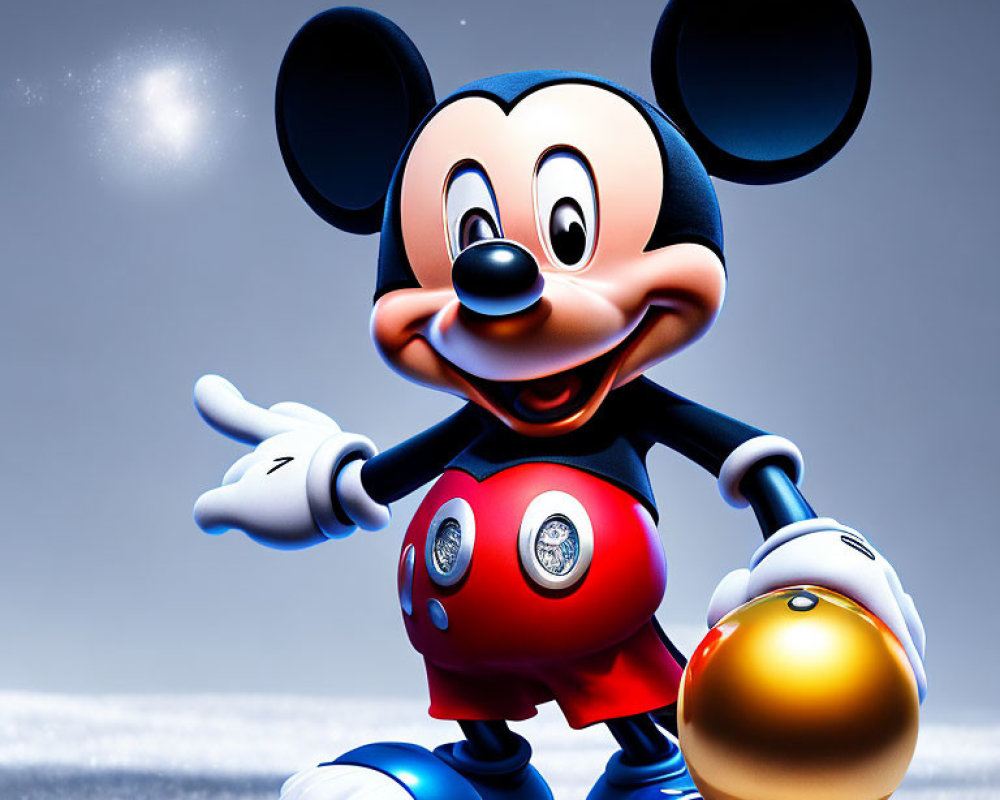 Smiling Mickey Mouse pointing beside shiny orb on silver gradient background