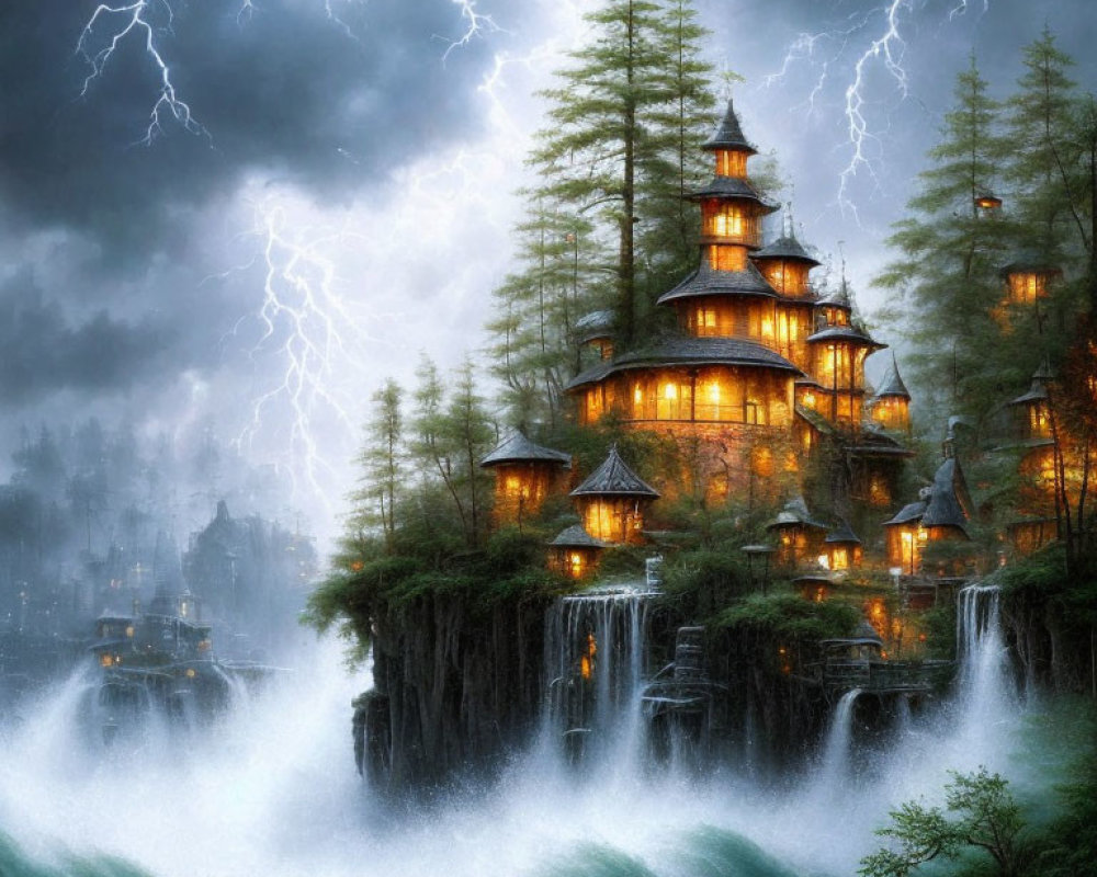 Mystical multi-tiered pagoda on waterfall under stormy skies.