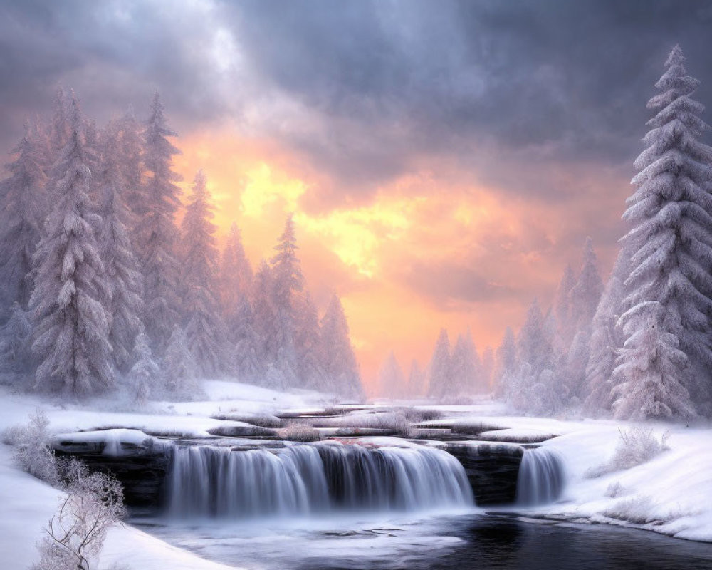 Snow-covered trees, cascading waterfall, warm sunset in serene winter landscape