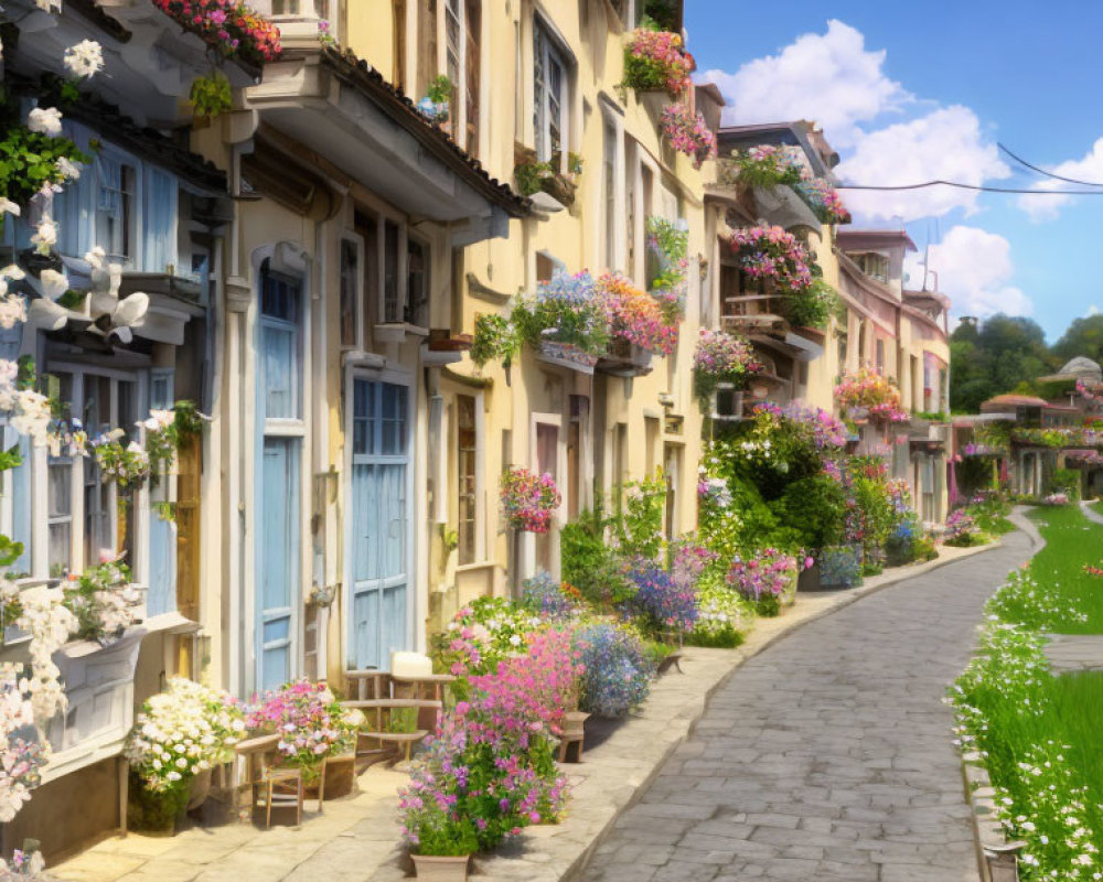 Charming cobblestone street with colorful houses and blooming flowers