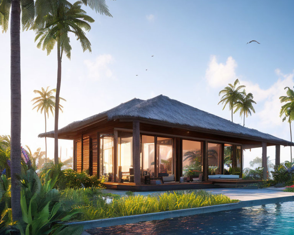 Thatched Roof Beach Villa with Infinity Pool & Palm Trees