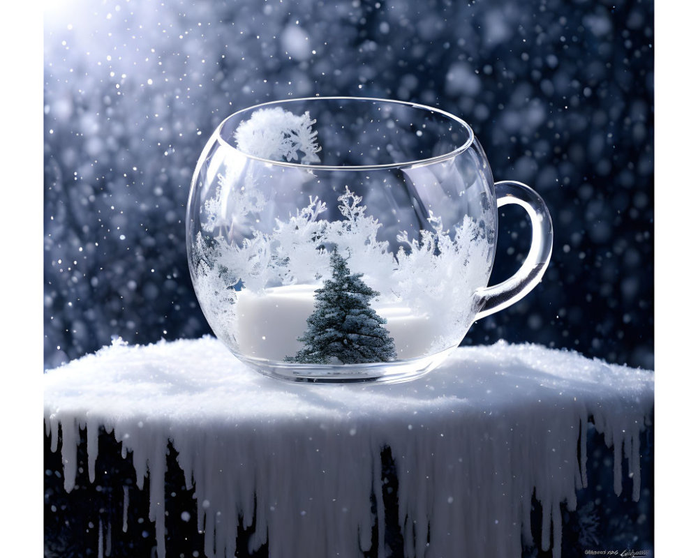 Snowflake-patterned cup with miniature tree in snowy scene
