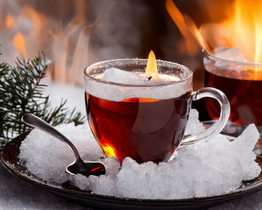 Winter Scene: Hot Tea, Snowy Surface, Fireplace