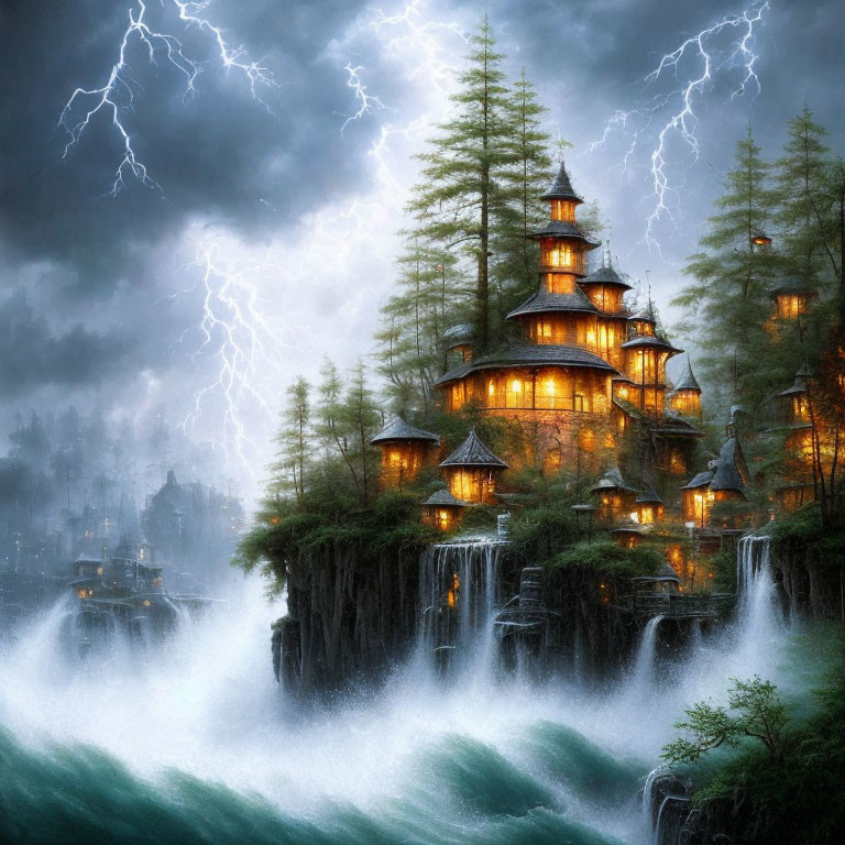 Mystical multi-tiered pagoda on waterfall under stormy skies.