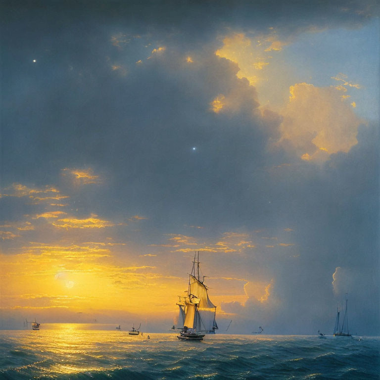 Vivid sunset at sea with sailing ship, clouds, and boats on horizon