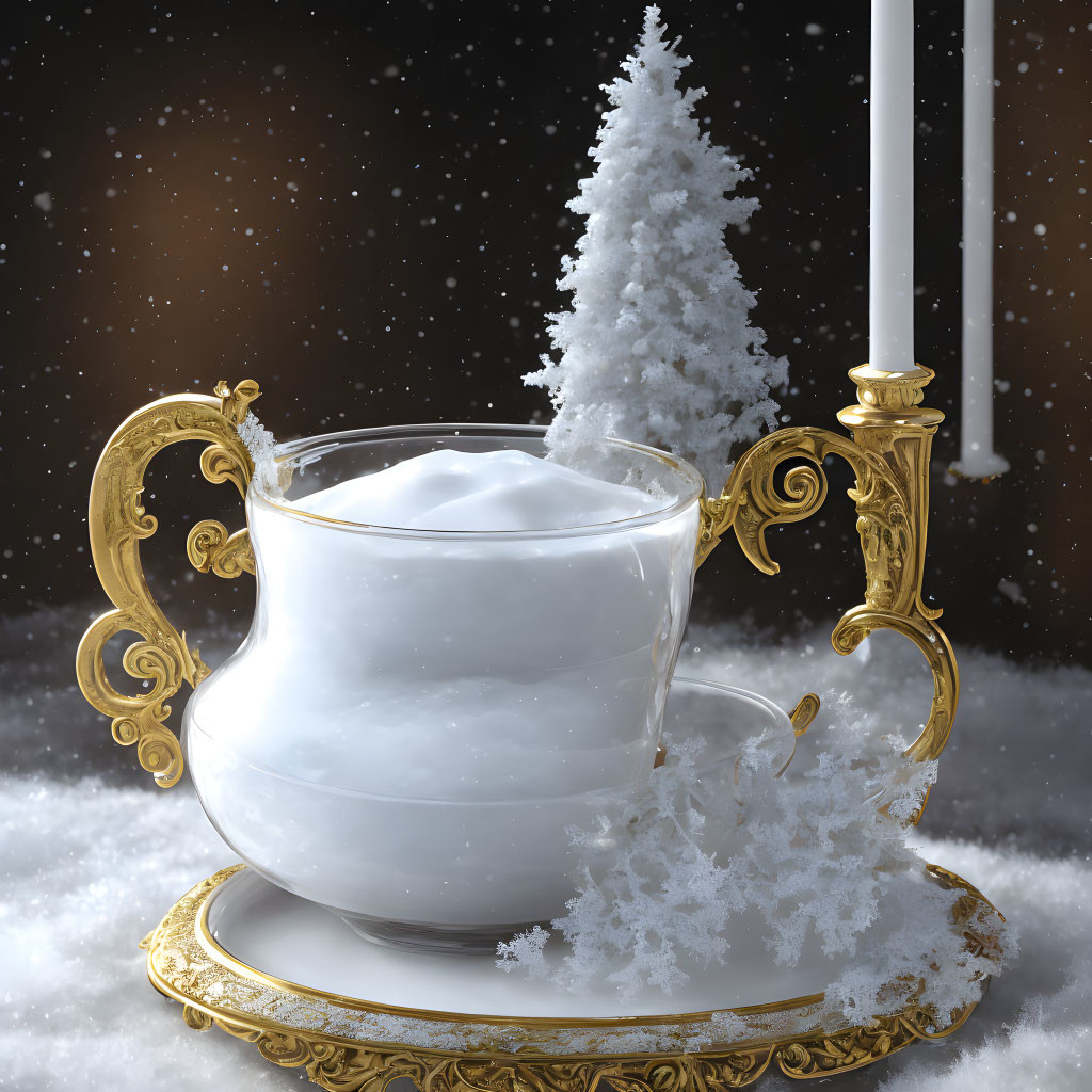 Golden Cup with Snow, Tree, Candle on Starry Night Background