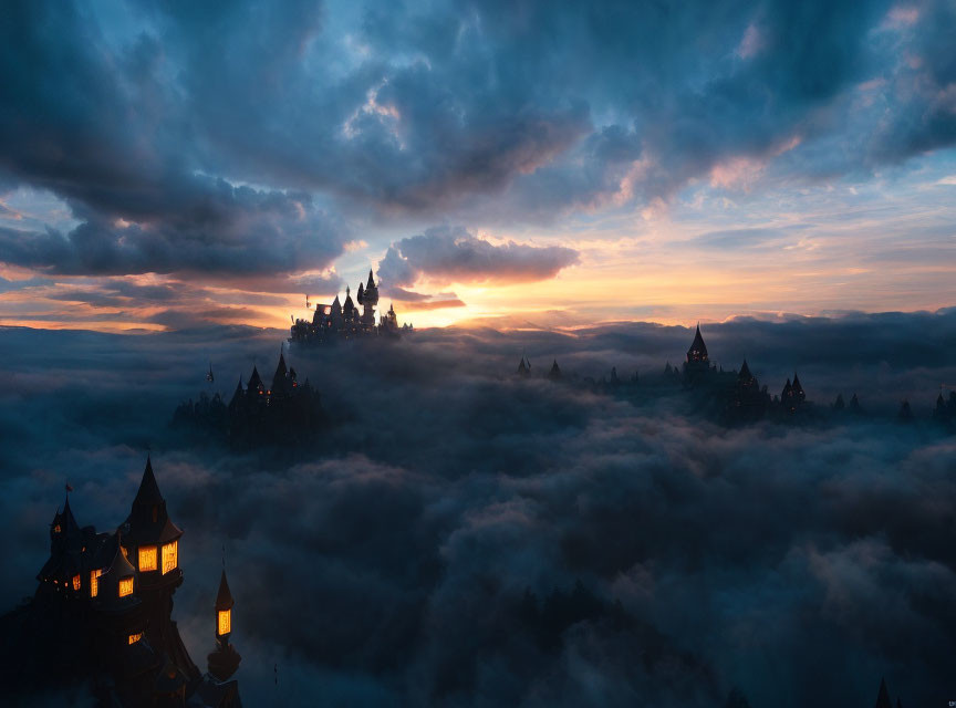 Majestic castle above clouds at sunrise