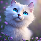 White Cat with Blue Eyes in Purple Flowers: Magical and Whimsical Aesthetic