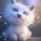 Fluffy White Cat with Blue Eyes and Purple Flowers in Soft Lighting