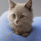 Fluffy cat with green eyes on blue fabric with gold necklace