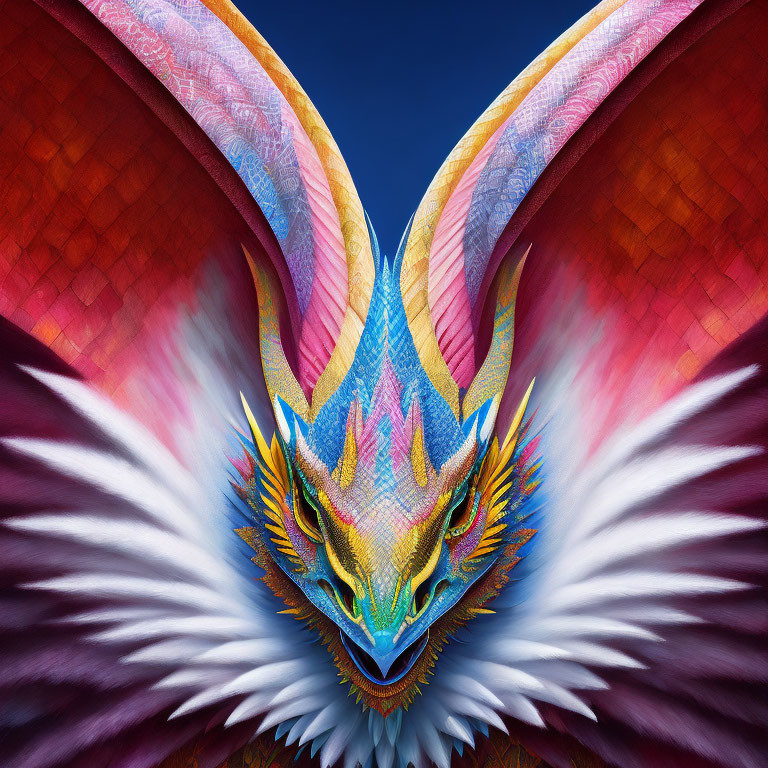 Symmetrical dragon with colorful scales and white wings on purple backdrop