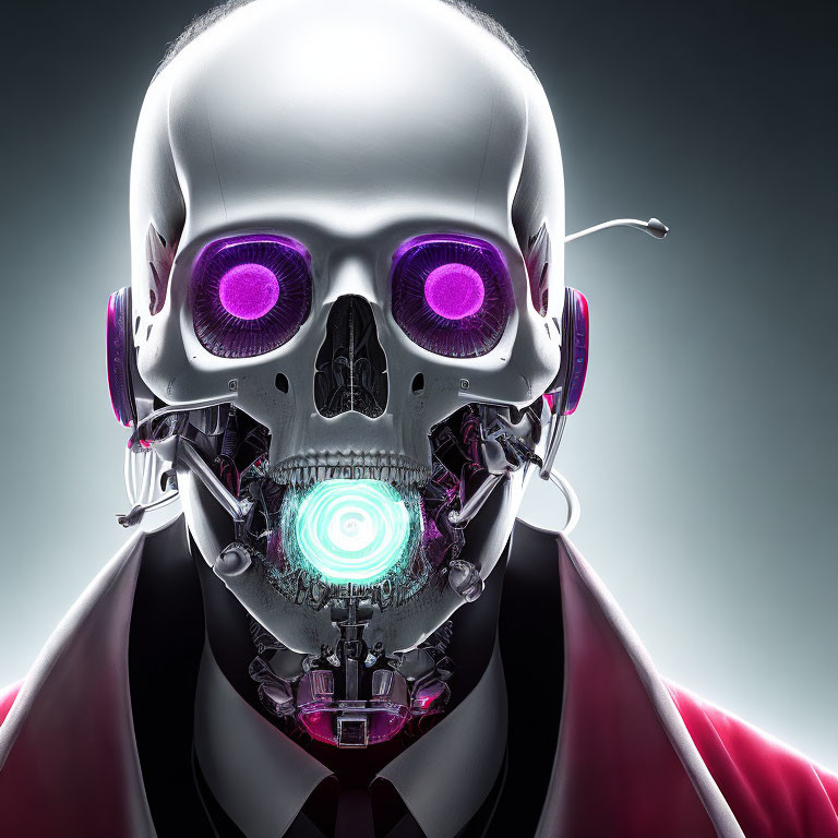Detailed Robotic Head with Purple Eyes and Spiral Light Emitting Mouth
