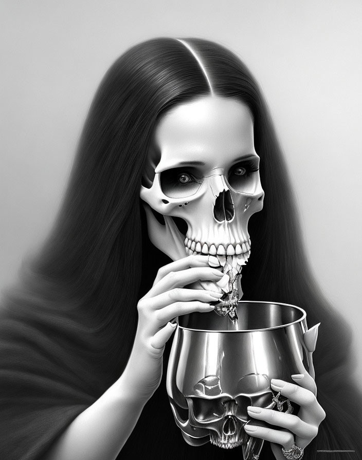 Monochrome image of woman holding skull mask and cup