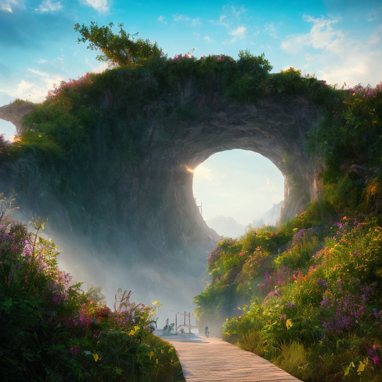 Tranquil scene: Path to stone arch under sunrise