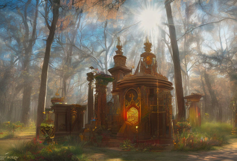 Mystical altar in enchanted forest with sunbeams
