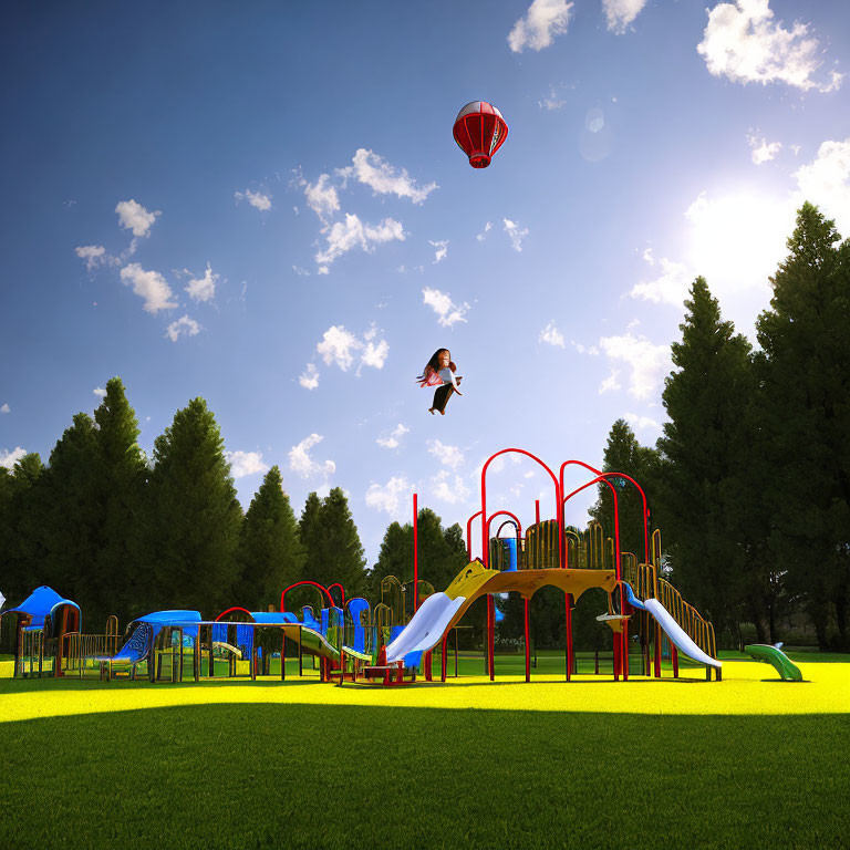 Colorful Playground Equipment and Child Midair on Green Turf with Hot Air Balloon in Background